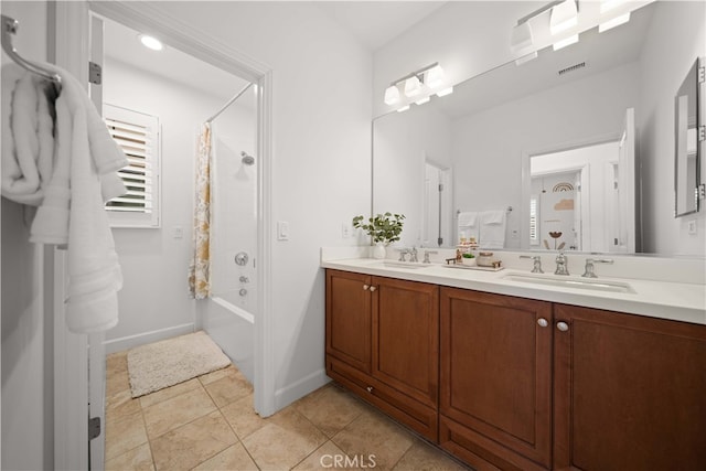 54 Painted Cameo, Irvine, CA 92602 - full bath with double vanity, shower / tub combo with curtain, tile patterned flooring, and baseboards