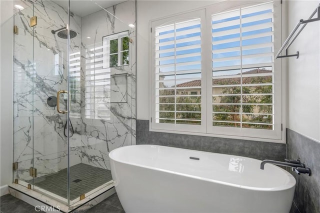 6 Heatherwood, Irvine, CA 92620 - bathroom with a marble finish shower, a freestanding tub, tile patterned floors, and wainscoting