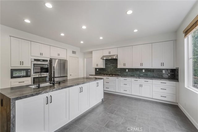 6 Heatherwood, Irvine, CA 92620 - kitchen featuring a sink, appliances with stainless steel finishes, decorative backsplash, under cabinet range hood, and white cabinetry