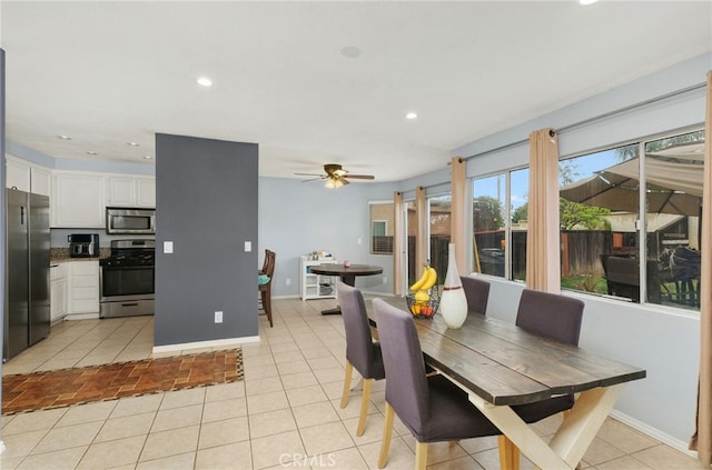 24471 New Haven Dr, Murrieta, CA 92562 - dining area with light tile patterned floors, recessed lighting, baseboards, and a ceiling fan