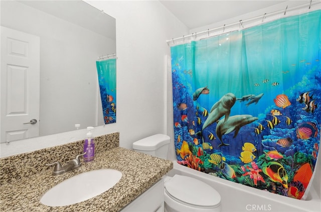 24471 New Haven Dr, Murrieta, CA 92562 - bathroom with toilet, shower / bathtub combination with curtain, and vanity