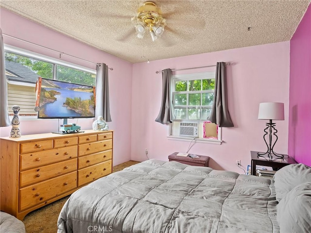 1234 N Ontario St, Burbank, CA 91505 - bedroom featuring carpet, a textured ceiling, cooling unit, and a ceiling fan