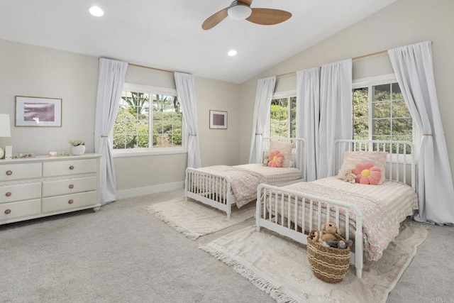 bedroom featuring lofted ceiling, carpet, baseboards, recessed lighting, and ceiling fan