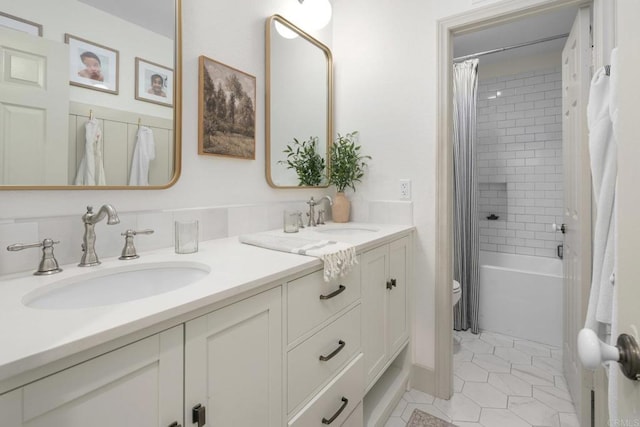 bathroom with double vanity, tile patterned floors, toilet, and shower / tub combo with curtain