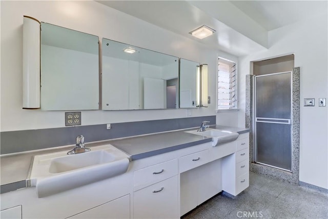 bathroom featuring a shower stall and double vanity