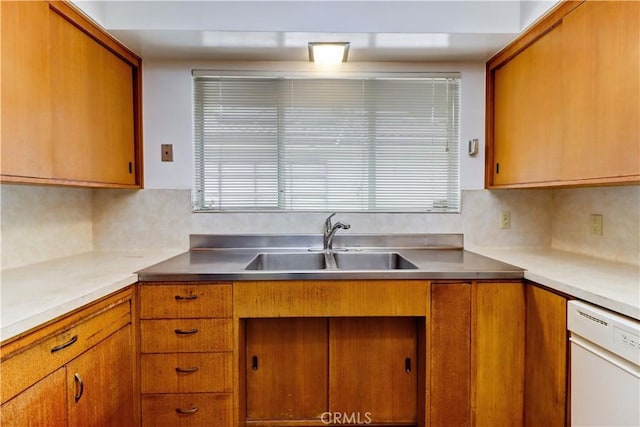 2175 Queensberry Rd, Pasadena, CA 91104 - kitchen featuring white dishwasher, a sink, brown cabinets, and backsplash