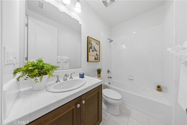full bath with toilet, vanity, bathtub / shower combination, and tile patterned flooring