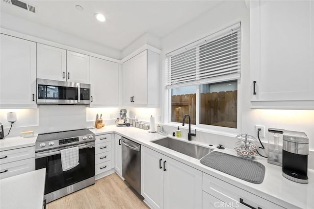 kitchen featuring stainless steel appliances, a sink, white cabinets, light wood finished floors, and light countertops