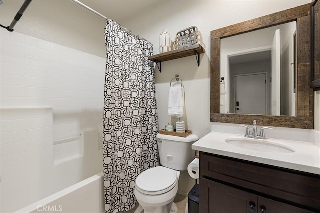 full bathroom with toilet, vanity, and shower / tub combo with curtain