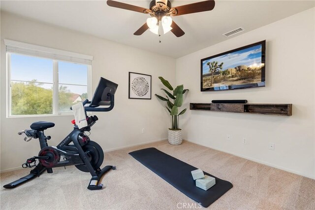 exercise room with carpet floors, a ceiling fan, and baseboards