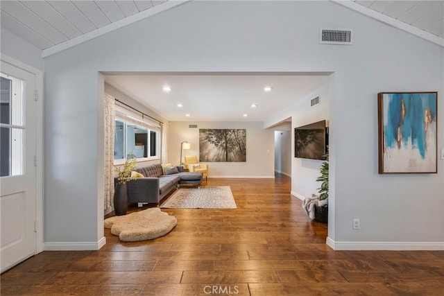 812 N Fern St, Orange, CA 92867 - living area with lofted ceiling, hardwood / wood-style floors, recessed lighting, and baseboards