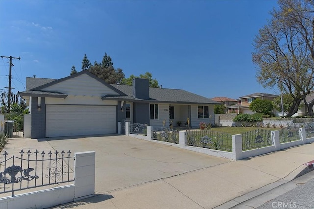 12406 Benson Ave, Chino, CA 91710 - ranch-style house featuring a fenced front yard, driveway, a garage, and a chimney