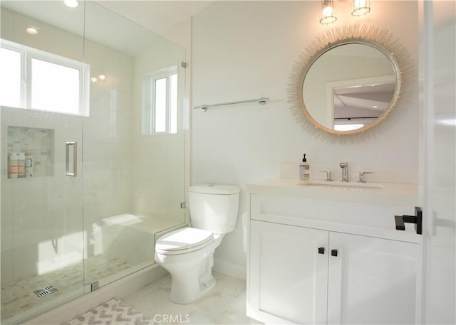 full bath featuring toilet, a shower stall, marble finish floors, vanity, and baseboards