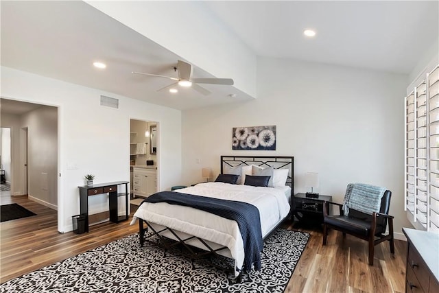 280 S Avenida Caballeros Unit 266, Palm Springs, CA 92262 - bedroom with wood finished floors, baseboards, recessed lighting, ceiling fan, and ensuite bathroom