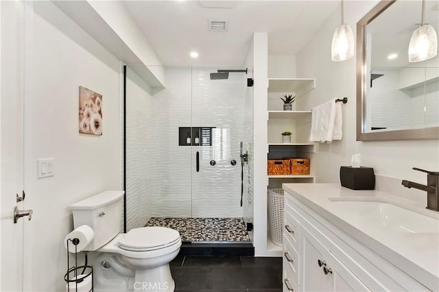 280 S Avenida Caballeros Unit 266, Palm Springs, CA 92262 - full bath featuring toilet, a shower stall, tile patterned flooring, vanity, and recessed lighting