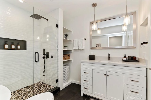 280 S Avenida Caballeros Unit 266, Palm Springs, CA 92262 - full bathroom featuring a stall shower, vanity, tile patterned floors, and toilet
