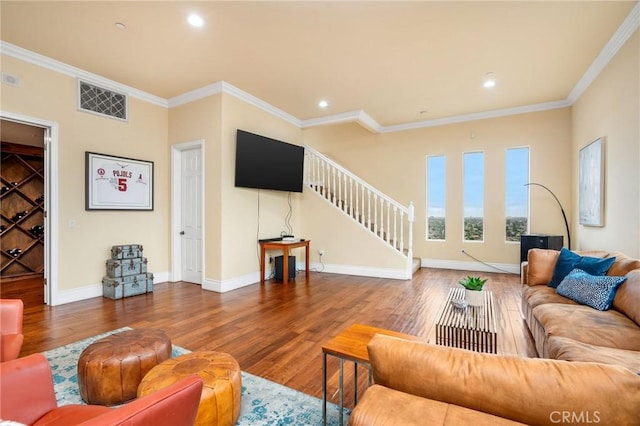 12336 Circula Panorama, North Tustin, CA 92705 - living room featuring stairway, wood finished floors, ornamental molding, and recessed lighting