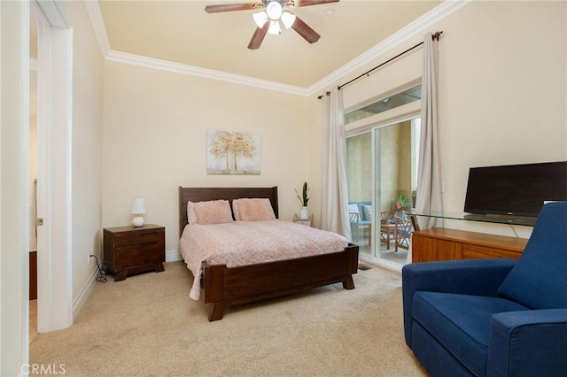 12336 Circula Panorama, North Tustin, CA 92705 - bedroom featuring crown molding, access to exterior, carpet floors, and a ceiling fan