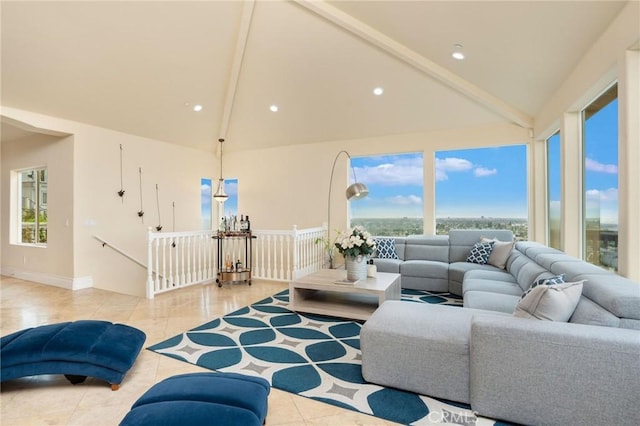 12336 Circula Panorama, North Tustin, CA 92705 - tiled living area featuring high vaulted ceiling, beam ceiling, healthy amount of natural light, and recessed lighting