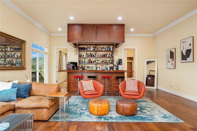 12336 Circula Panorama, North Tustin, CA 92705 - indoor dry bar with ornamental molding, wood finished floors, and recessed lighting