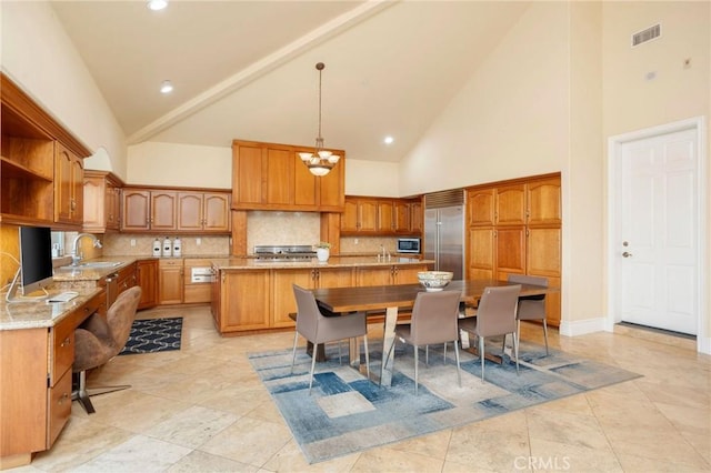 12336 Circula Panorama, North Tustin, CA 92705 - dining area featuring high vaulted ceiling, a chandelier, recessed lighting, and light tile patterned floors