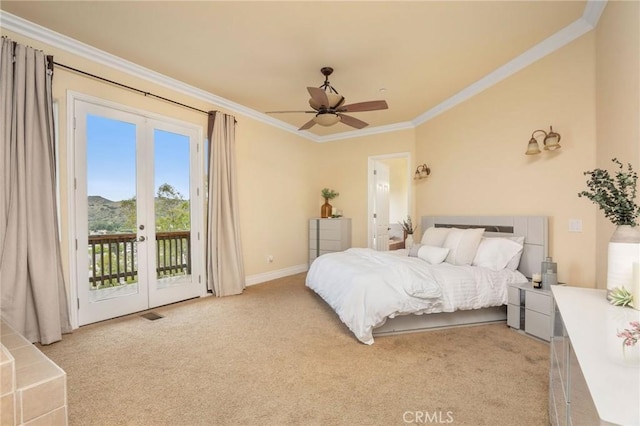 12336 Circula Panorama, North Tustin, CA 92705 - bedroom with crown molding, access to exterior, light colored carpet, french doors, and a ceiling fan