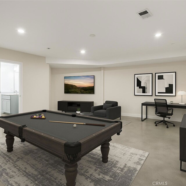game room with recessed lighting, pool table, finished concrete floors, and baseboards