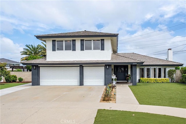 20011 Colgate Cir, Huntington Beach, CA 92646 - view of front of house featuring a garage, concrete driveway, a chimney, brick siding, and stucco siding