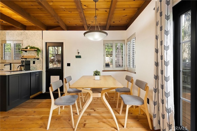 14315 Troy Way, Magalia, CA 95954 - dining area with light wood-style flooring, wood ceiling, beam ceiling, and healthy amount of natural light
