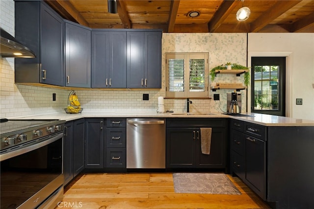 14315 Troy Way, Magalia, CA 95954 - kitchen featuring appliances with stainless steel finishes, a sink, wood ceiling, light wood-style floors, and beam ceiling