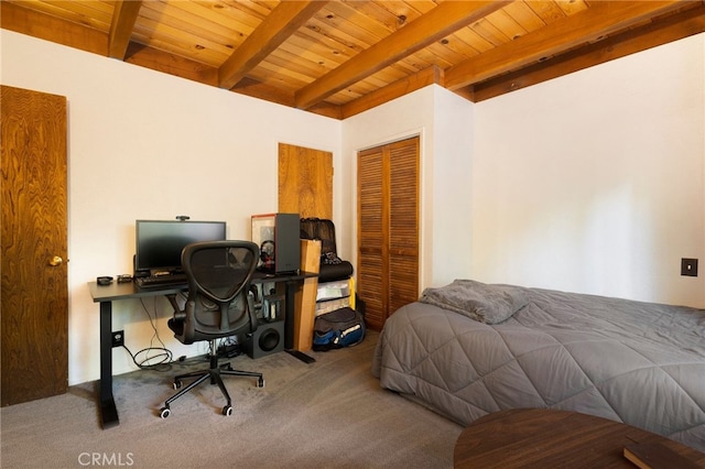 14315 Troy Way, Magalia, CA 95954 - carpeted bedroom with beamed ceiling, wood ceiling, a desk, and a closet