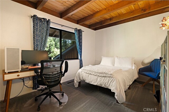 14315 Troy Way, Magalia, CA 95954 - carpeted bedroom with wood ceiling, a desk, beamed ceiling, and baseboards