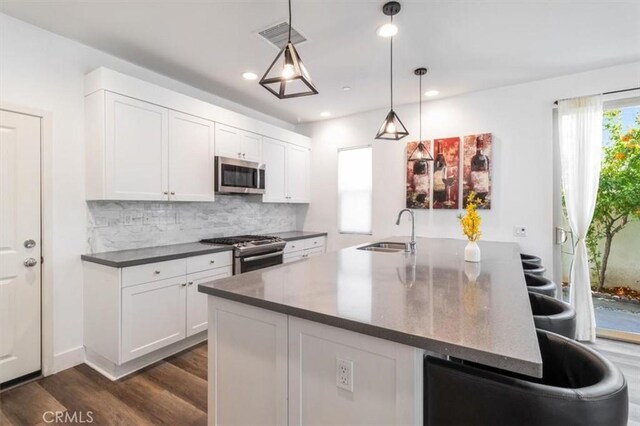 177 Frame, Irvine, CA 92618 - kitchen with stainless steel appliances, a sink, dark wood-type flooring, decorative backsplash, and dark countertops