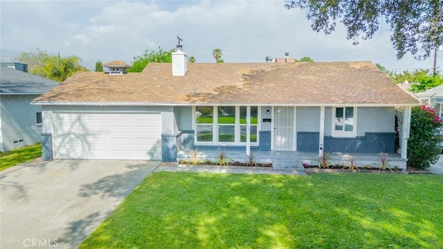 3465 Sepulveda Ave, San Bernardino, CA 92404 - single story home with a front lawn, a garage, concrete driveway, and a chimney