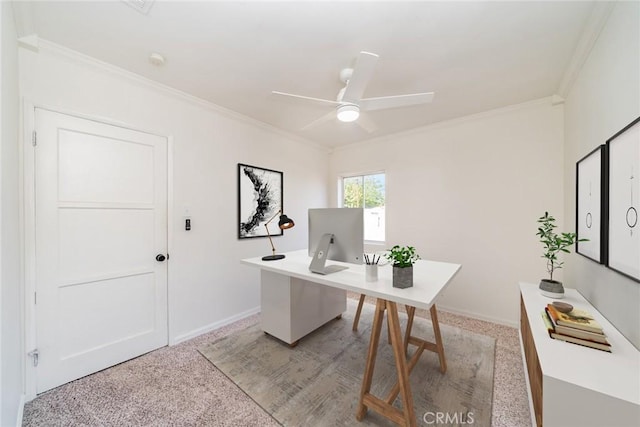 3465 Sepulveda Ave, San Bernardino, CA 92404 - home office featuring crown molding, a ceiling fan, baseboards, and light colored carpet