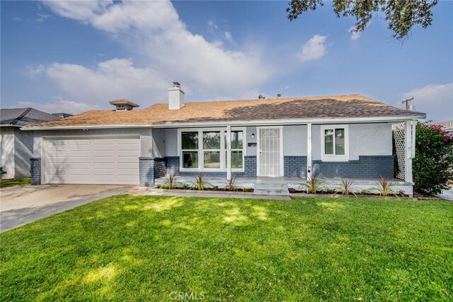 3465 Sepulveda Ave, San Bernardino, CA 92404 - ranch-style home with brick siding, a front lawn, stucco siding, a garage, and a porch