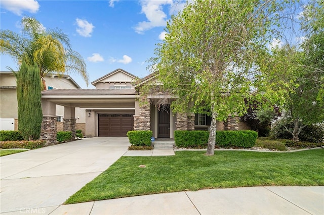 view of front of home with stone siding, stucco siding, driveway, and a front lawn