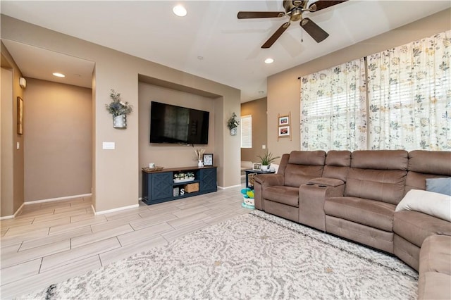 12440 Constellation St, Eastvale, CA 91752 - living area with a ceiling fan, wood finish floors, baseboards, and recessed lighting