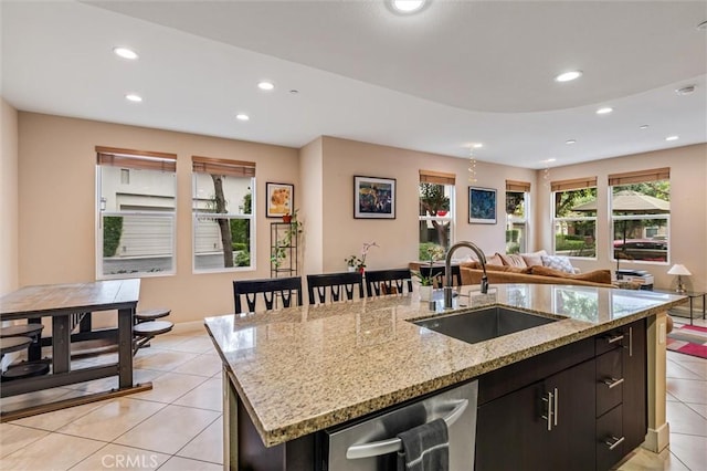 46 Beacon Way, Aliso Viejo, CA 92656 - kitchen featuring a sink, dishwasher, a kitchen island with sink, recessed lighting, and light tile patterned flooring