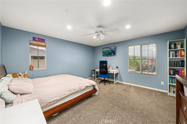 bedroom featuring multiple windows, carpet flooring, recessed lighting, baseboards, and ceiling fan