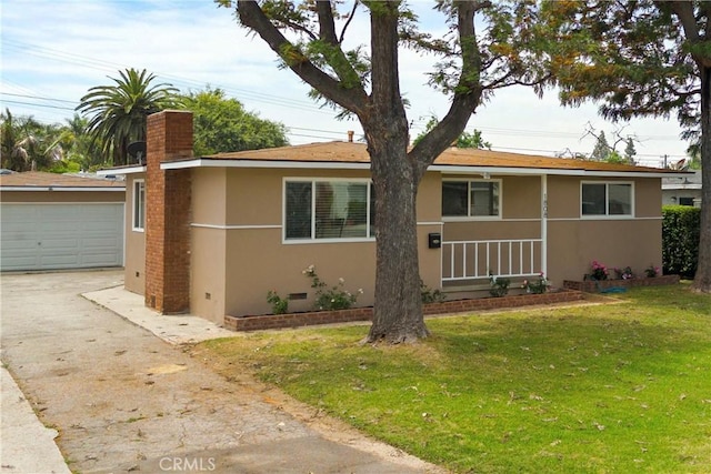 1808 W Palm Dr, West Covina, CA 91790 - ranch-style home with a front yard, stucco siding, a detached garage, and crawl space