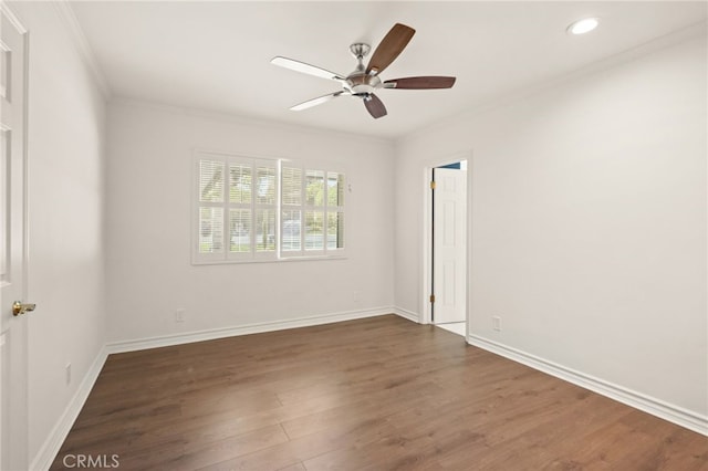 10356 Claire Ave, Porter Ranch, CA 91326 - empty room featuring a ceiling fan, ornamental molding, dark wood-style flooring, recessed lighting, and baseboards