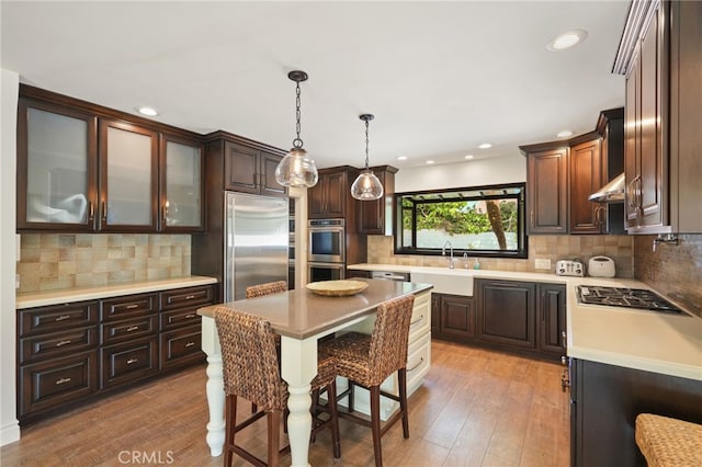 10356 Claire Ave, Porter Ranch, CA 91326 - kitchen with stainless steel appliances, a sink, dark brown cabinetry, light wood-style flooring, and recessed lighting