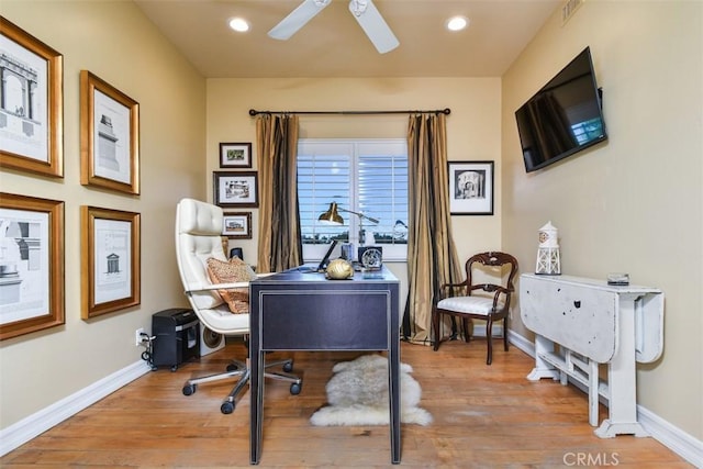 4950 Campo Rd, Woodland Hills, CA 91364 - office space with a ceiling fan, baseboards, wood finished floors, and recessed lighting