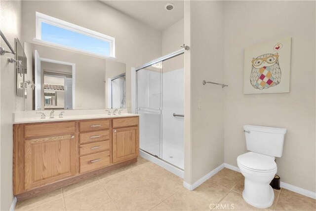 440 Brooklawn Dr, Banning, CA 92220 - full bathroom with a stall shower, toilet, tile patterned floors, and double vanity