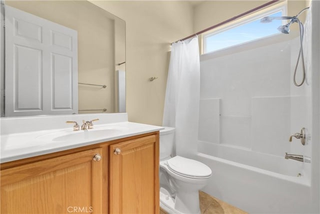 440 Brooklawn Dr, Banning, CA 92220 - bathroom with toilet, vanity, shower / bathtub combination with curtain, and tile patterned floors