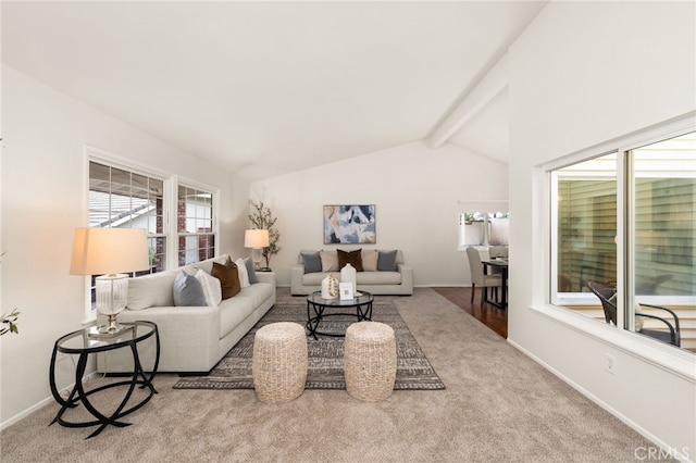 living area featuring carpet and baseboards