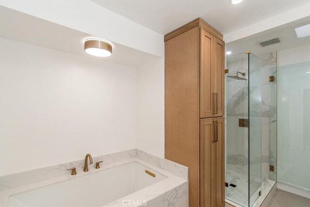 13044 Mindanao Way Unit 3, Marina Del Rey, CA 90292 - bathroom featuring a marble finish shower, a garden tub, and recessed lighting