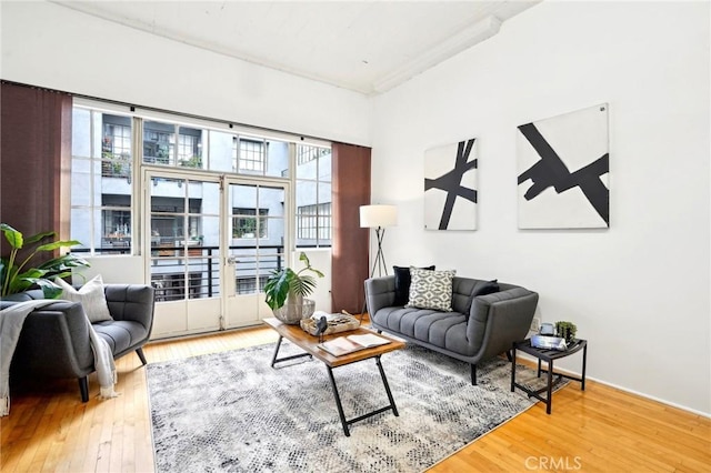 living area with hardwood / wood-style flooring