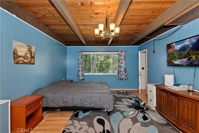 770 Berne Dr, Crestline, CA 92325 - bedroom with light wood-style flooring, beam ceiling, a chandelier, wood ceiling, and wooden walls